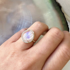 organic shaped rainbow moonstone in 14k yellow gold
