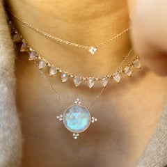 Necklace with a large central gemstone and smaller stones on a person's neck