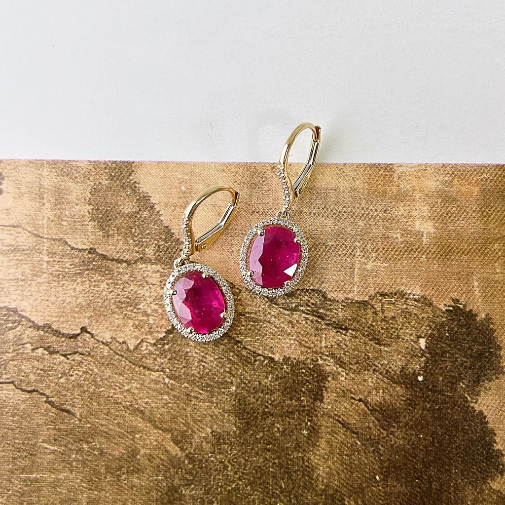 ruby earrings in 14k yellow gold with diamonds