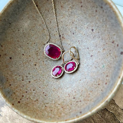 ruby earrings and necklace in 14k yellow gold with diamonds