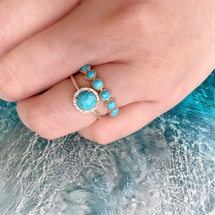 rosie rings in bright summery turquoises and diamonds