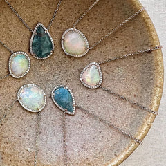 14k gold and diamond necklaces in multicolor paraiba tourmaline and irridescent opals