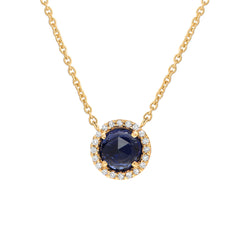 5.0mm domed rose cut stone in a 14k gold and diamond halo