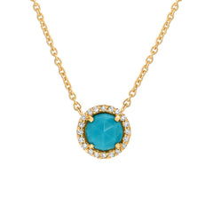 5mm turquoise necklace set in 14k gold with a diamond halo
