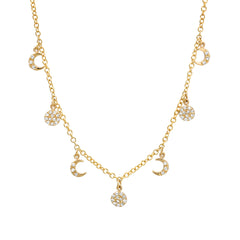 danity 14k gold chain featuring dangling discs and mini crescent moons to encapsulate the phases of the moon