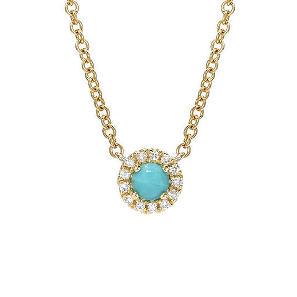 3.0mm mini rose cut truqoise necklace with a 14k gold and diamond halo