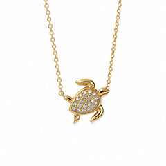 honu sea turtle necklace in solid 14k gold with diamonds