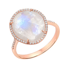 Organic Shape Rose Cut Rainbow Moonstone and Diamond Ring