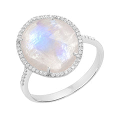 Organic Shape Rose Cut Rainbow Moonstone and Diamond Ring