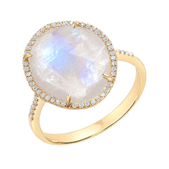 Organic Shape Rose Cut Rainbow Moonstone and Diamond Ring