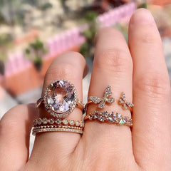 beautiful soft pink morganite rings, layered with rose gold and diamond rings