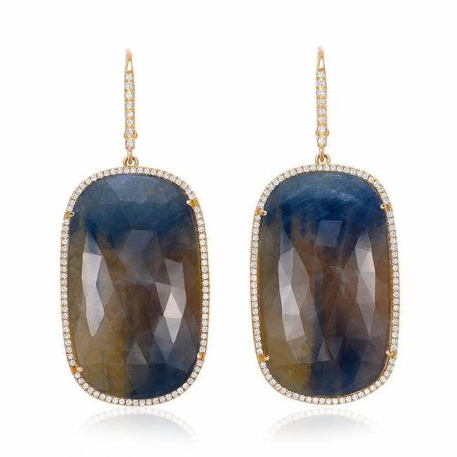 one of a kind sapphire drop earrings with diamonds in yellow gold