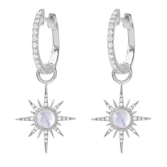 rainbow moonstone sunburst spiky charm earrings on huggies