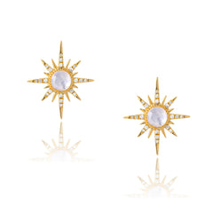 starburst gold earrings with rainbow moonstone centers