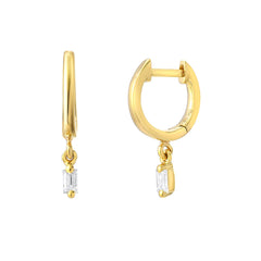 high polish huggies with dangling baguette diamonds