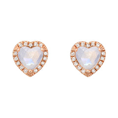 rose-cut heart shaped rainbow moonstone diamond halo post earrings