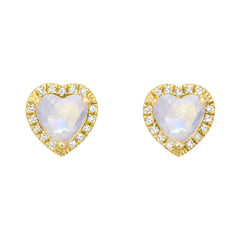 rose-cut heart shaped rainbow moonstone diamond halo post earrings