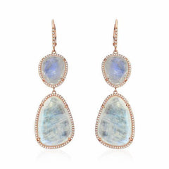 rainbow moonstone and diamond double dangle earrings in rose gold