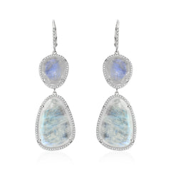 Organic shaped rainbow moonstone earrings in diamond halo