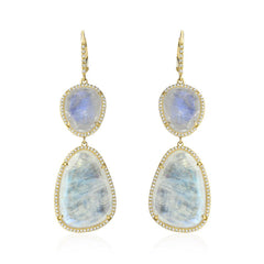 Organic shaped rainbow moonstone earrings in diamond halo