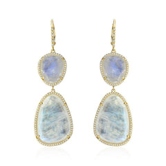 Organic shaped rainbow moonstone earrings in diamond halo