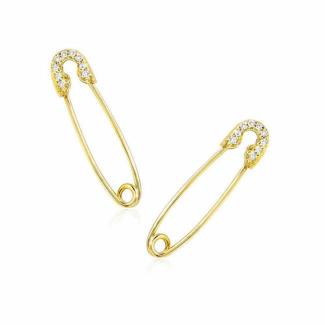 Safety pin earrings with diamonds in yellow gold