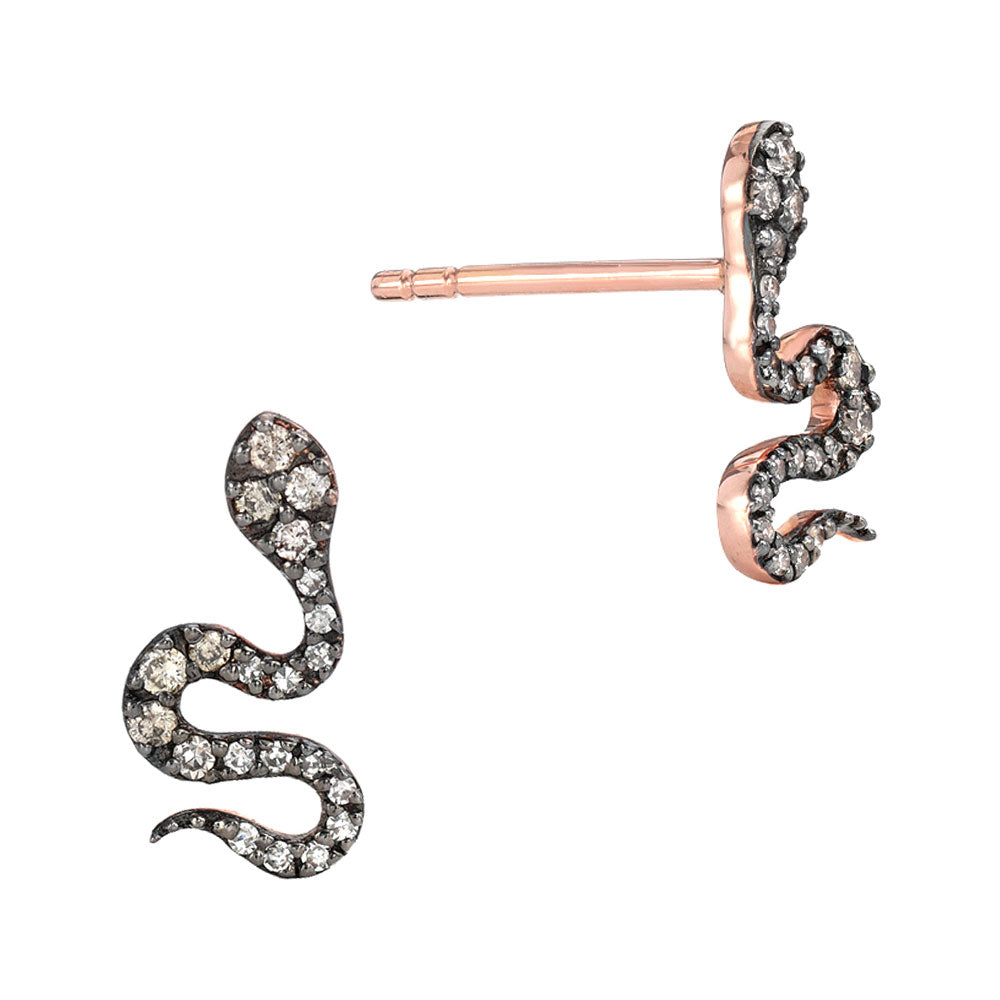 two tone snake stud earrings in rose gold with black rhodium and diamonds