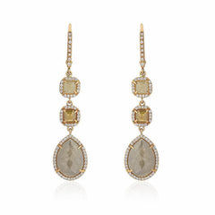 rustic diamond triple drop earrings with white diamonds in yellow gold