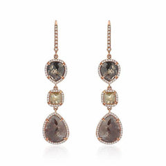 rustic diamond triple drop earrings with white diamonds in rose gold