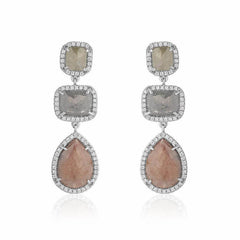 rustic diamond triple drop earrings with white diamonds in white gold