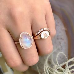 Organic Shape Rainbow Moonstone and Diamond Ring