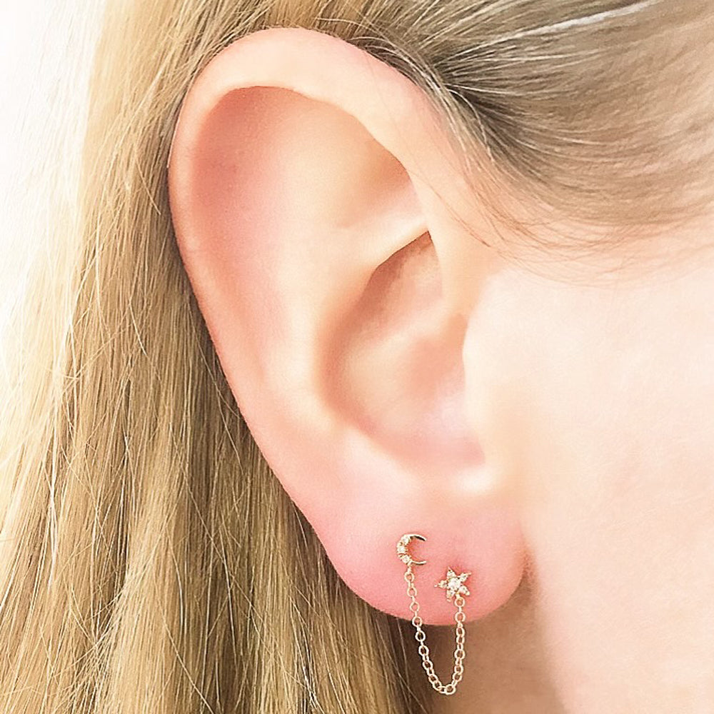 Double Piercing Earrings, Multiple Piercing Connected Earrings with Chain Gold