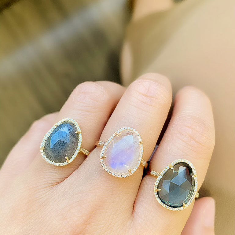 Oval Moonstone Wedding Ring Set, Antique Rainbow Engagement Ring Bridal Set  | Benati