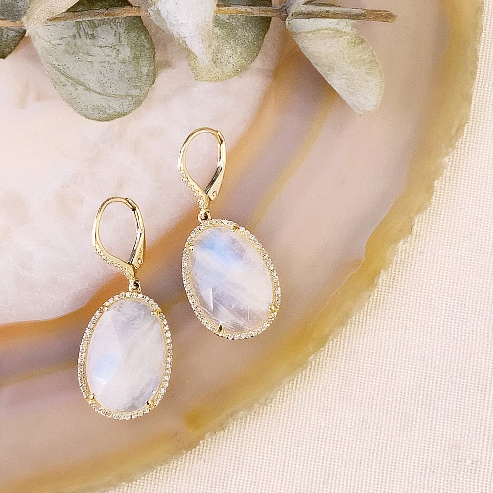 One of a Kind Rainbow Moonstone Earrings in Yellow Gold
