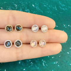 5mm diameter rose cut stoen earrings in london blue topaz and rainbow moonstone
