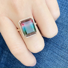 stunning one of a kind tourmaline ring with tones of pink, blue, green and neutral