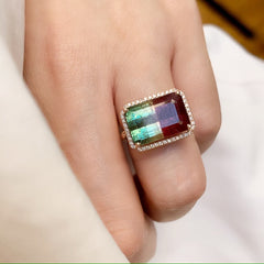 knockout east-west pink and green tourmaline ring