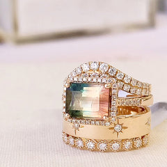 multi-toned tourmaline ring with layered liven rings