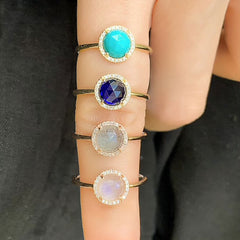 a selection of rosie rings in various colored stones