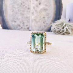 green tourmaline ring in 14k yellow gold with diamonds