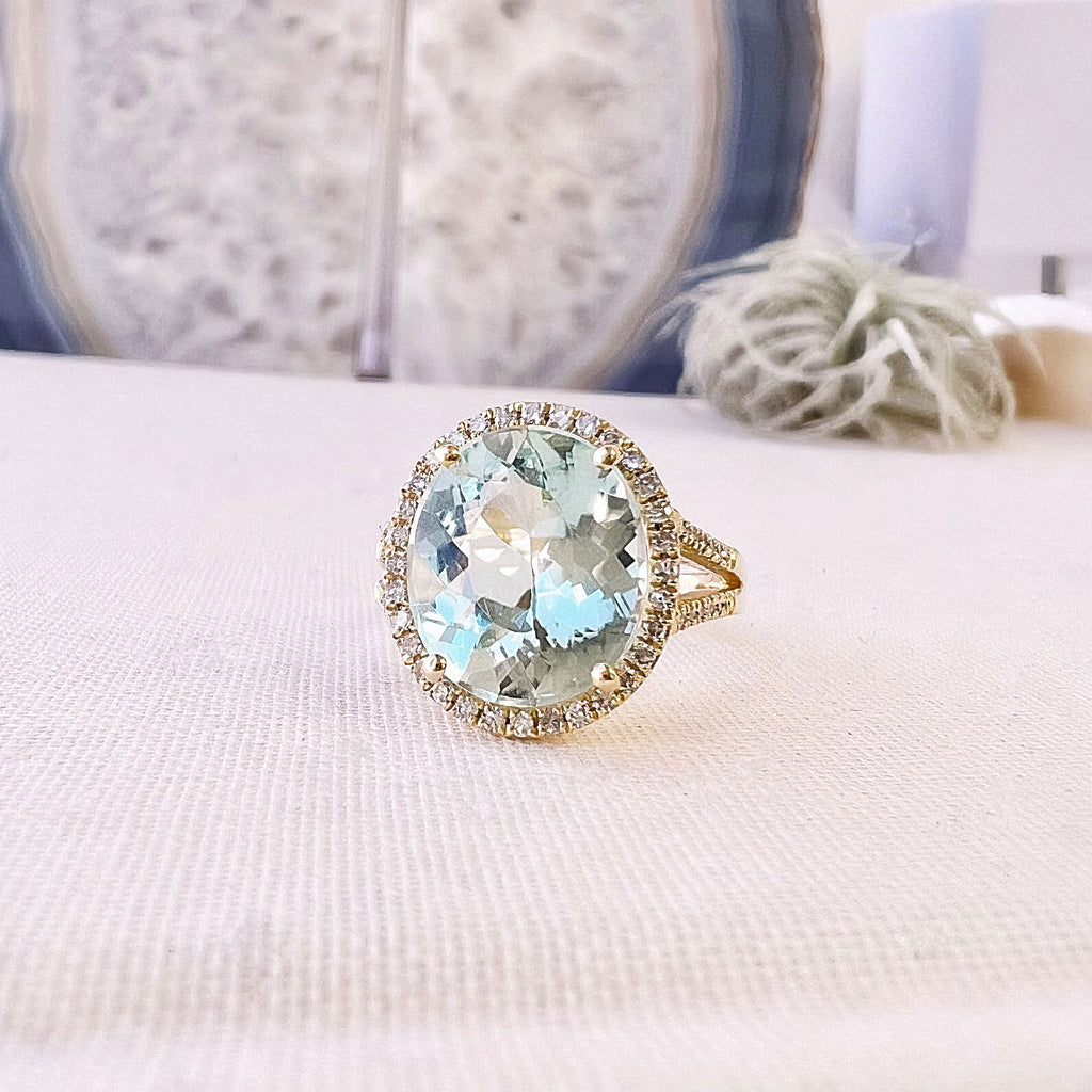 14k yellow gold and diamond ring with an amblygonite center stone