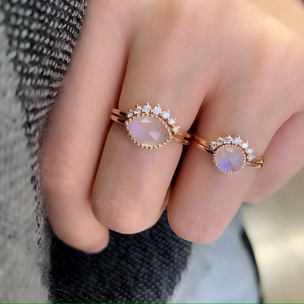 Aura Two-Ring Set with 5.0mm Bezel Set Rainbow Moonstone Rose Gold