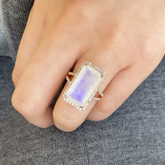 emerald cut rainbow moonsotne ring