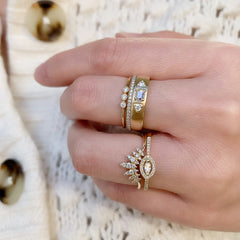 stack of liven rings in 14k solid gold and diamonds