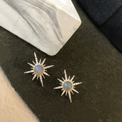 Starburst Rainbow Moonstone and Diamond Post Earrings