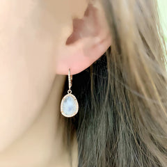 petite organic shape rainbow moonstone halo earrings suspended on leverbacks
