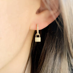 pave diamond and gold petite padlock earring charms