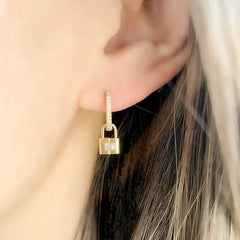 baguette diamond and gold petite padlock earring charms