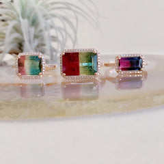 a selection of beautiful colorful tourmaline rings