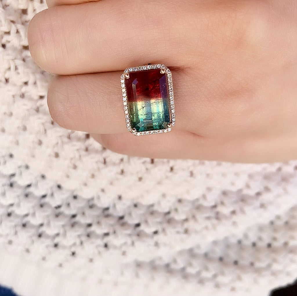 gorgeous east-west set tourmaline with a vivid green-pink colorway